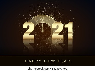 Golden Clock instead of zero in 2021. Happy New Year Greeting Card. Holiday midnight countdown. Christmas Decoration Element for Banner or Invitation. Vector illustration