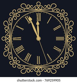 Golden clock for new year and christmas design. vitage style, old Retro dial with roman numbers. vector