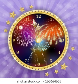 Golden clock for new year over fireworks background