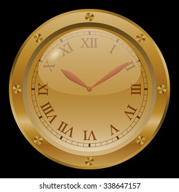 Golden clock on black background.
