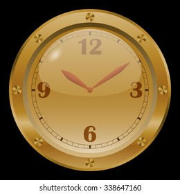 Golden clock on black background.