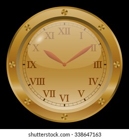 Golden clock on black background.
