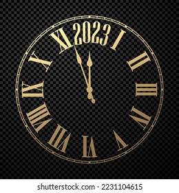 Golden Clock showing 2023 on transparent background. New year design element.