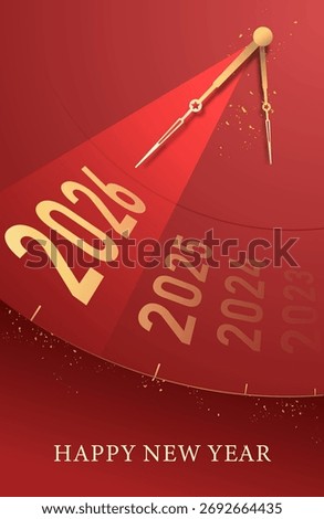 Golden clock striking midnight from 2025 to 2026 celebrating the arrival of a bright and happy new year. Happy New Year Poster Design Vector Illustration 