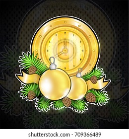 Golden clock with toys cones stand on fir tree branches on blackboard. Christmas background