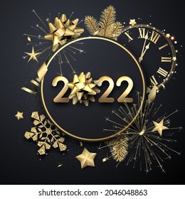 Golden clocks showing 2022 year. 2022 sign with bow. Stars, snowflakes, serpentine, spruce branch, fireworks. Vector holiday illustration.