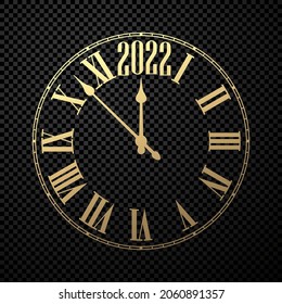 Golden clocks showing 2022 year on transparent background. Vector holiday illustration.