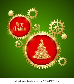 Golden clockwork Christmas tree made of cogwheels with golden cogwheel gear decoration