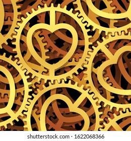 Golden clockwork with a heart symbol. Abstraction for Valentine's Day. Vector illustration.