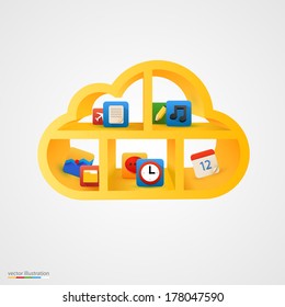 Golden cloud database shelf. Vector illustration