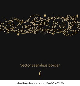 Golden cloud and stars on black background. Vector seamless pattern