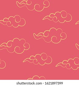 Golden clouds on red seamless pattern, Oriental traditional design.