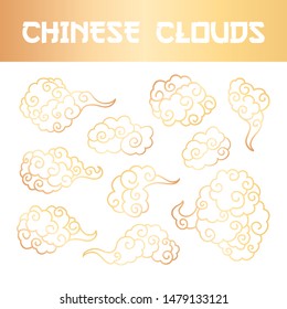 Golden Clouds and wind blows hand drawn vector illustration. Smoke isolated clipart. Chinese art abstract drawing. Sketch clouds, overcloud set. Isolated design elements for SVG laser cutting files