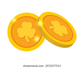 Golden Clover Coins with Shamrock Leaf Design – St. Patrick’s Day Treasure, Irish Luck Theme, 2D and 3D Vector Illustration