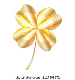 Golden clover leaf isolated on white background. Decorative golden lucky four leaf clover. Gold shiny shamrock icon. Lucky and success emblem. Saint Patricks day or Irish beer festival symbol. Vector