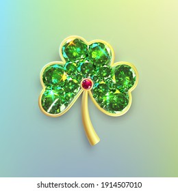 Golden clover leaf for St. Patrick's day. Brooch in the form of an emerald clover. Four-leaf jewelry realistic design. Original accessory. Vector illustration. Isolated on white background.