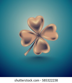 Golden clover leaf, vector illustration for St. Patrick day. Isolated four-leaf on turquoise background. Jewelry 3d retro design.