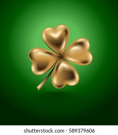 Golden clover leaf, vector illustration for St. Patrick day. Isolated four-leaf on green background. Jewelry 3d design.