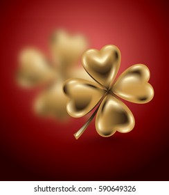 Golden clover leaf, vector illustration for St. Patrick day. Blured four-leaf on red background. Jewelry 3d design.