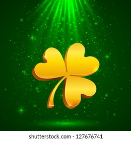 Golden clover in the magic light on green background, illustration for Saint Patrick's Day