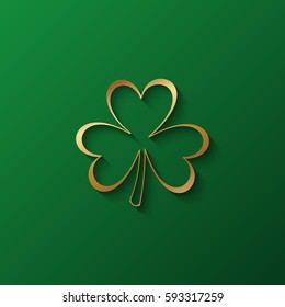 Golden clover on green background. Design element for St. Patrick's Day greetings. Vector illustration.