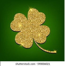 Golden clover for St. Patrick's day. Four leaf clover made of gold sand, isolated on green background. Vector illustration