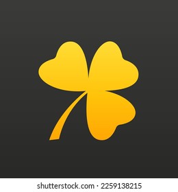 Golden clover with three leaves isolated on black background. St. Patrick s Day, lucky Concept. Vector illustration