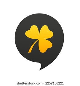 Golden clover with three leaves isolated on black background. St. Patrick s Day, lucky Concept. Bubble message. Vector illustration