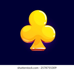 Golden club suit symbol or icon for poker card games playing with a vibrant glow. Cartoon vector gold asset for gambling, mobile applications, casino themes. Luxurious golden club sign with shiny glow