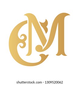 Golden CM monogram isolated in white.