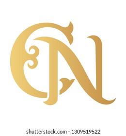 Golden CN monogram isolated in white.
