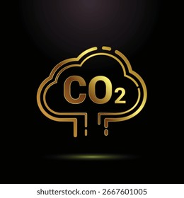 Emblema dorado de la nube de CO2 que representa las emisiones de dióxido de carbono y el impacto ambiental en un fondo negro