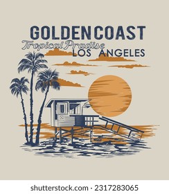 golden coast.vintage sunset with palms on the beach illustration for t shirt and poster design
