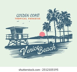 golden coast.vintage sunset with palms on the beach illustration for t shirt and poster design. Hand drawn vector illustration. Original Lettering art. California Golden State,