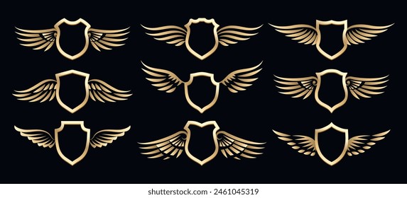 Conjunto de Plantilla de brazo dorado. Escudos con alas de oro aislados sobre fondo negro Ilustración vectorial