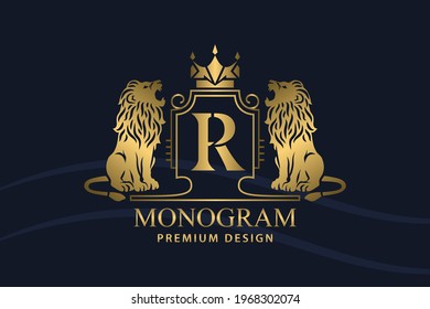 Golden Coat of Arms with Roaring Lions. Letter R. Art Design with Crown. Creative Logo with Royal Character. Vintage Emblem. Two Wild Animals. Luxury Style. Good for Brand Name. Vector Illustration