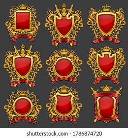 Golden coat of arms set. Vector illustration.
