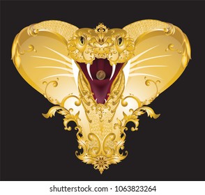 Golden cobra decorated with vintage Victorian metal elements on black background, vector, illustration. 