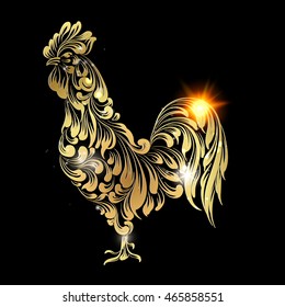 Golden Cock - Chinese calendar symbol of 2017 year. Icon of the rooster bird over black background. Vector illustration.
