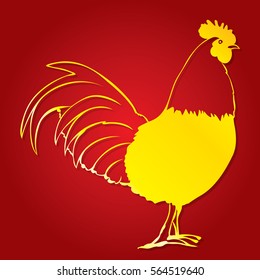 Golden cock. Chinese new year symbol. Hand drawn vector illustration.