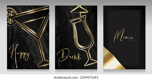 Golden cocktail glass luxury covers. Black and gold backgrounds, abstract dark grunge and bright sparks. Vector template for party, deluxe invitations, elegant brochure and menu.