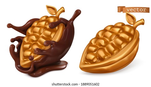 Golden cocoa fruit and chocolate splash. 3d realistic vector icon