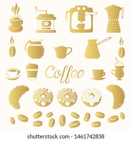 Golden coffee elements: gold silhouettes of beans, cups, coffee machine, grinder, pots and kettle, donuts and croissant for shop, cafe or menu background. 