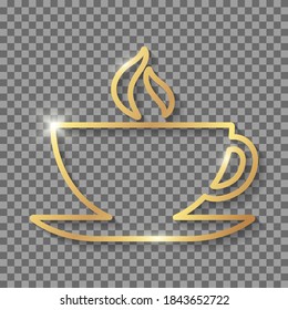 Golden coffee or tea cup with shadows and highlights isolated on a transparent background.