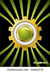 Golden cogwheel with button on green lined brochure design