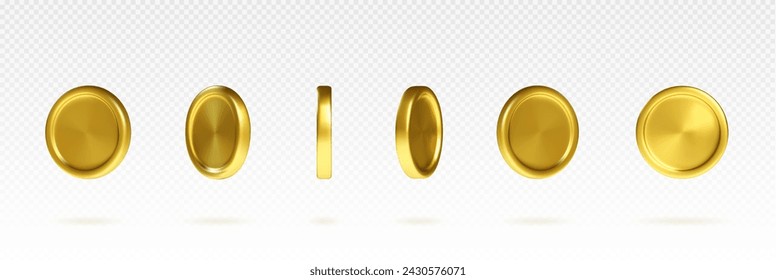 Golden coin 3d in different angles of rotation. Realistic vector set of sprite sheet for rotate animation of gold metal simple currency without sign. Casino cash reward or game ui treasure asset.