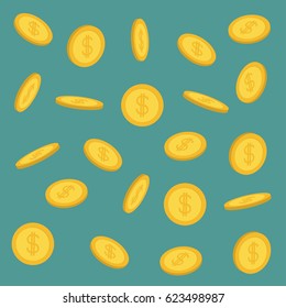 Golden Coin 3D Icon Set. Fliegend fällt Bargeld Regen. Dollar-Zeichen-Symbol Einkommen und Gewinne.Unternehmensfinanzierung Grüner Hintergrund. Einzeln Flaches Design, Vektorgrafik
