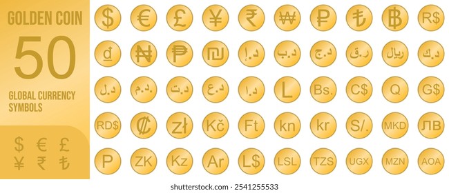 Golden Coin with 50 Global Currency Symbols Vector Design