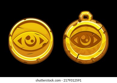 Golden Coin And Amulet With The All-Seeing Eye. Egyptian All-seeing Eye, Masonic Symbol Of Freemasonry