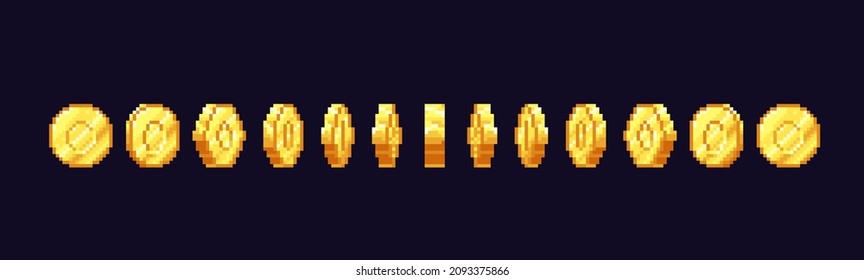 Golden Coin Animation Of 8 Or 16 Bit Pixelated Money Coin Rotated Frames, Vector Pixel Art Game. Retro Arcade Videogame Ui Element Of Gold Currency, Level Bonus, Gift, Treasure Gold Sprite Flip Effect